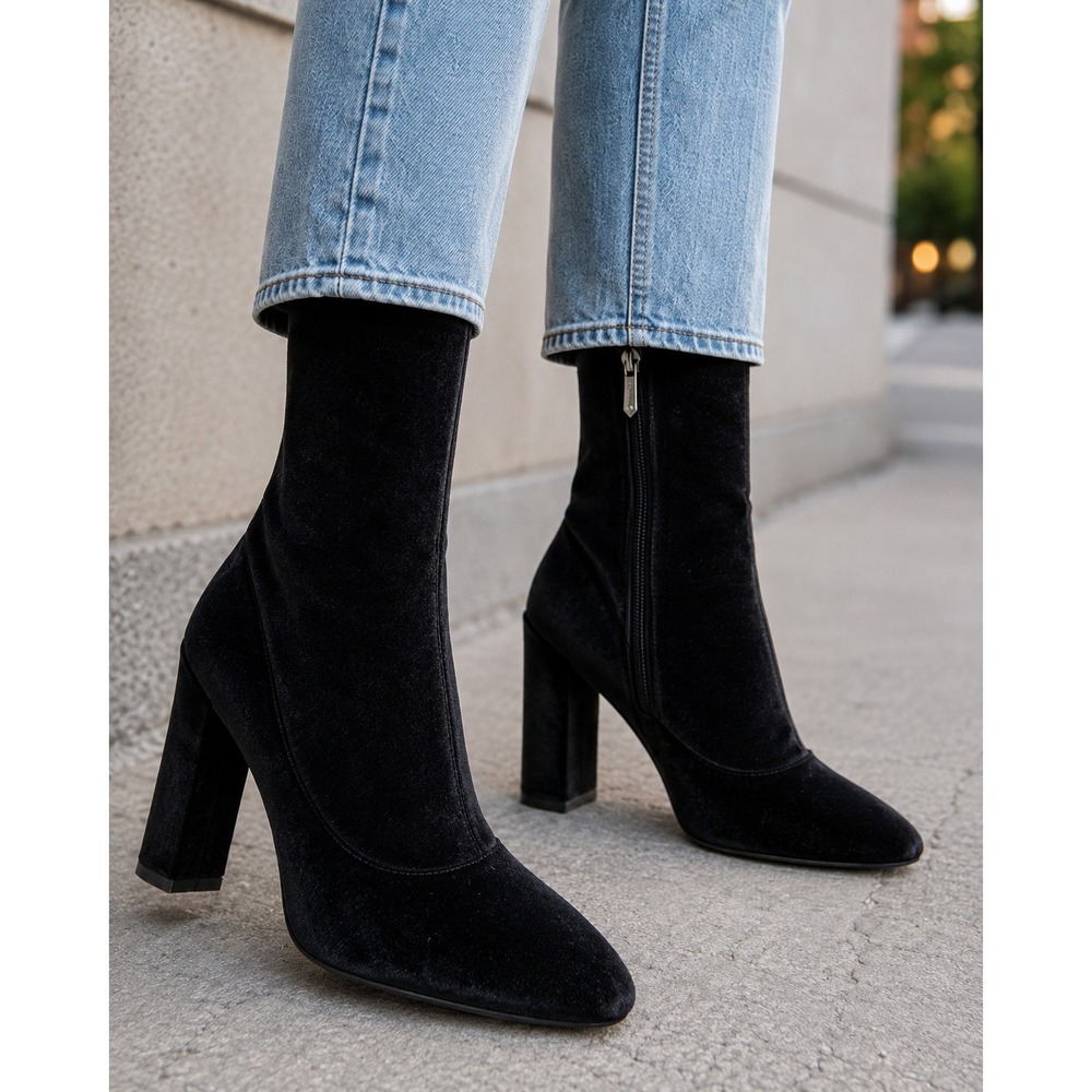 Sam Edelman Calexa Velvet Block Heel Sock Ankle Boots Stretch Zip Black 9M